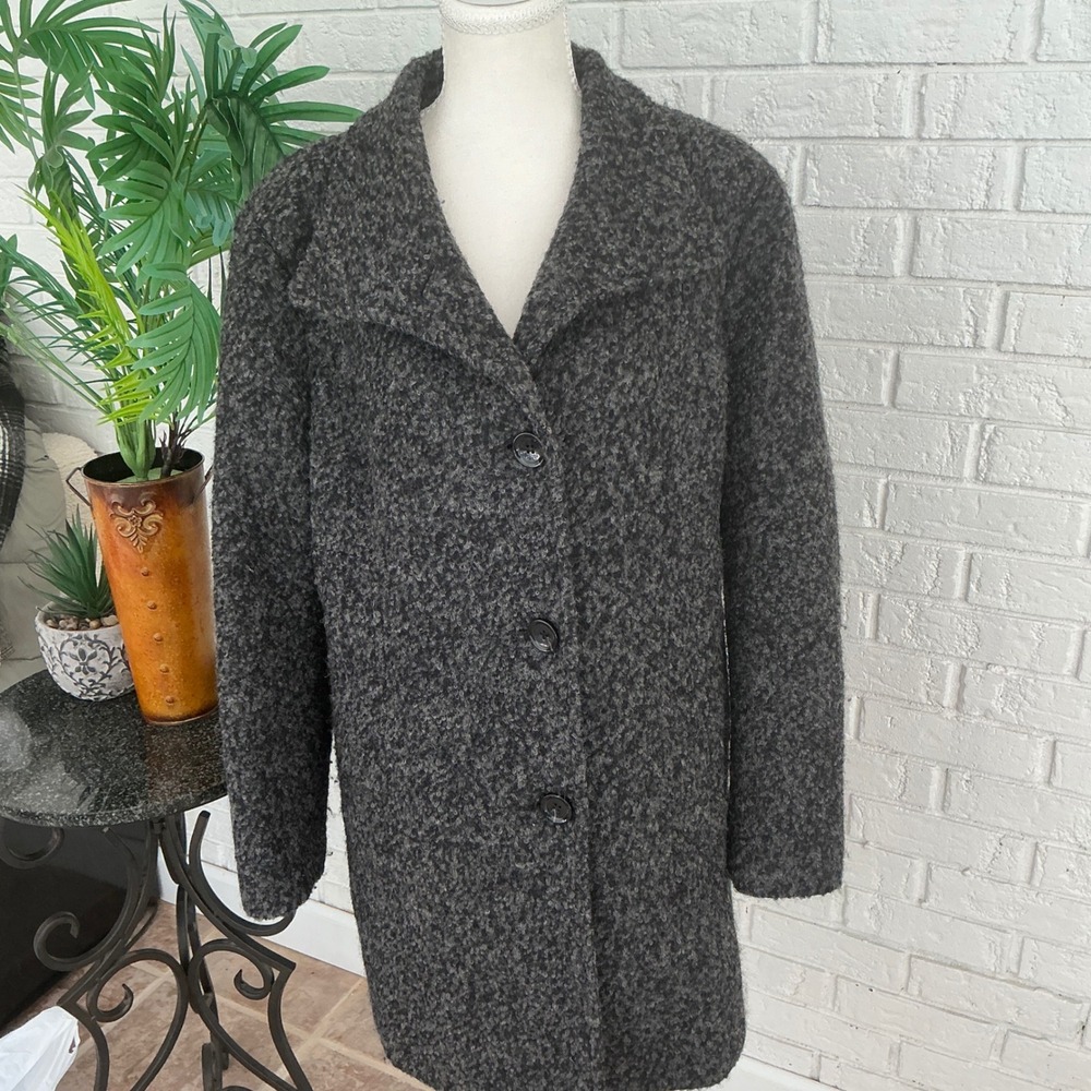 Anne Klein Coat Women XL Grey Excellent Boucle Textured Long Sleeve Button Front